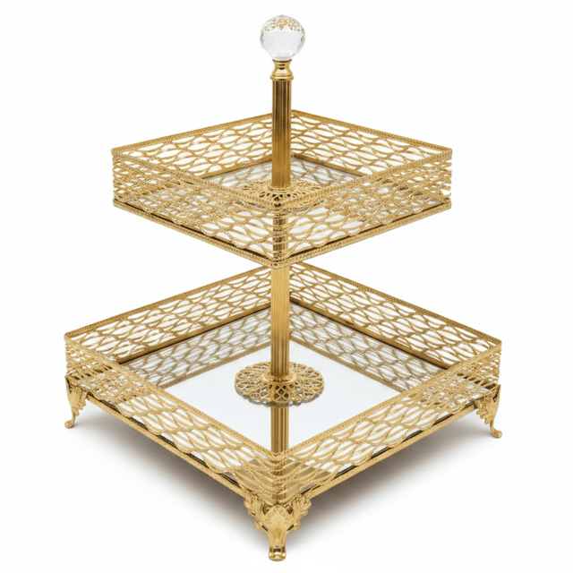 Zeyve Large 2 - Tier Square Glass Fruit Display Stand with Gold Finish – Premium Serving Solution for Parties & Gatherings – 18 × 25 × 30 cm - Al Kabayel Discount CentreZeyve Large 2 - Tier Square Glass Fruit Display Stand with Gold Finish – Premium Serving Solution for Parties & Gatherings – 18 × 25 × 30 cmServing TraysZEYVEAl Kabayel Discount Centre