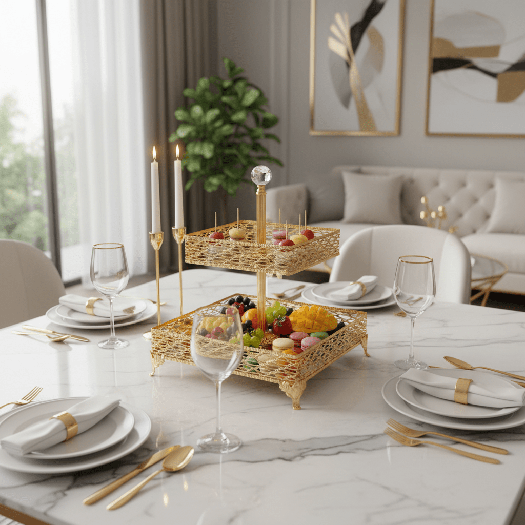 Zeyve Large 2 - Tier Square Glass Fruit Display Stand with Gold Finish – Premium Serving Solution for Parties & Gatherings – 18 × 25 × 30 cm - Al Kabayel Discount CentreZeyve Large 2 - Tier Square Glass Fruit Display Stand with Gold Finish – Premium Serving Solution for Parties & Gatherings – 18 × 25 × 30 cmServing TraysZEYVEAl Kabayel Discount Centre