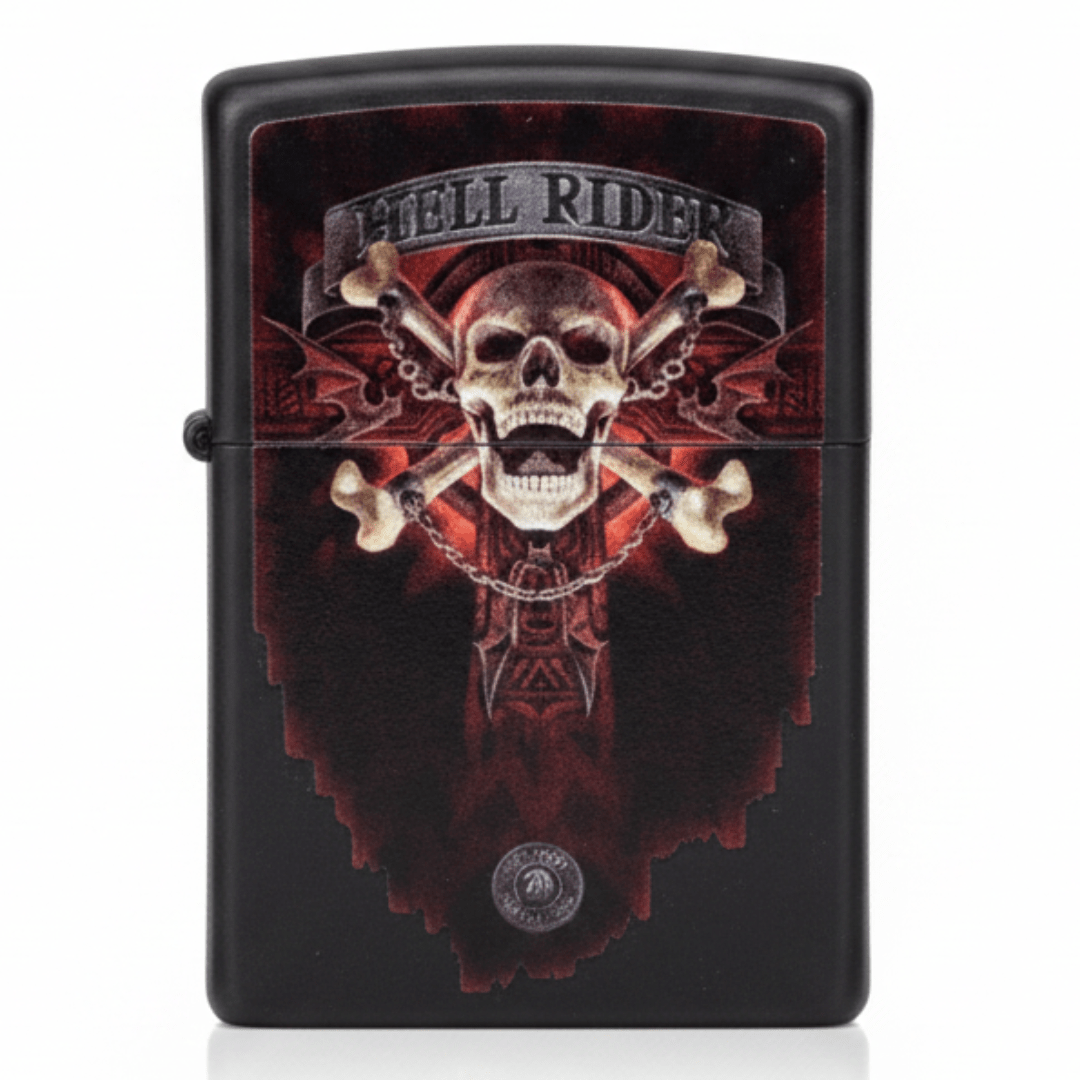 Zippo Black Flip Top Refillable Metal Lighter Hell Rider Skull Artwork Heavy Duty 6×4 cm - Al Kabayel Discount CentreZippo Black Flip Top Refillable Metal Lighter Hell Rider Skull Artwork Heavy Duty 6×4 cmLightersZIPPOAl Kabayel Discount Centre