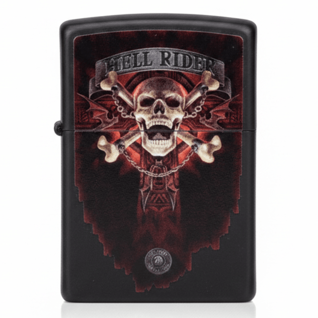 Zippo Black Flip Top Refillable Metal Lighter Hell Rider Skull Artwork Heavy Duty 6×4 cm - Al Kabayel Discount CentreZippo Black Flip Top Refillable Metal Lighter Hell Rider Skull Artwork Heavy Duty 6×4 cmLightersZIPPOAl Kabayel Discount Centre