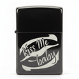 Zippo Black Metal Flip - Top Lighter with “Kiss Me Baby” Text Print Design, Refillable (6×4 cm) - Al Kabayel Discount CentreZippo Black Metal Flip - Top Lighter with “Kiss Me Baby” Text Print Design, Refillable (6×4 cm)LightersZIPPOAl Kabayel Discount Centre