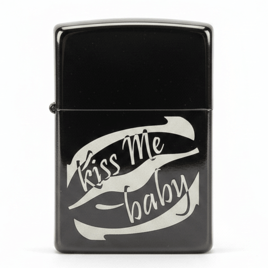 Zippo Black Metal Flip - Top Lighter with “Kiss Me Baby” Text Print Design, Refillable (6×4 cm) - Al Kabayel Discount CentreZippo Black Metal Flip - Top Lighter with “Kiss Me Baby” Text Print Design, Refillable (6×4 cm)LightersZIPPOAl Kabayel Discount Centre