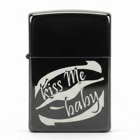Zippo Black Metal Flip - Top Lighter with “Kiss Me Baby” Text Print Design, Refillable (6×4 cm) - Al Kabayel Discount CentreZippo Black Metal Flip - Top Lighter with “Kiss Me Baby” Text Print Design, Refillable (6×4 cm)LightersZIPPOAl Kabayel Discount Centre