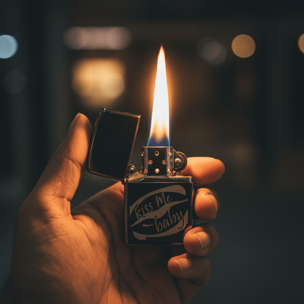 Zippo Black Metal Flip - Top Lighter with “Kiss Me Baby” Text Print Design, Refillable (6×4 cm) - Al Kabayel Discount CentreZippo Black Metal Flip - Top Lighter with “Kiss Me Baby” Text Print Design, Refillable (6×4 cm)LightersZIPPOAl Kabayel Discount Centre