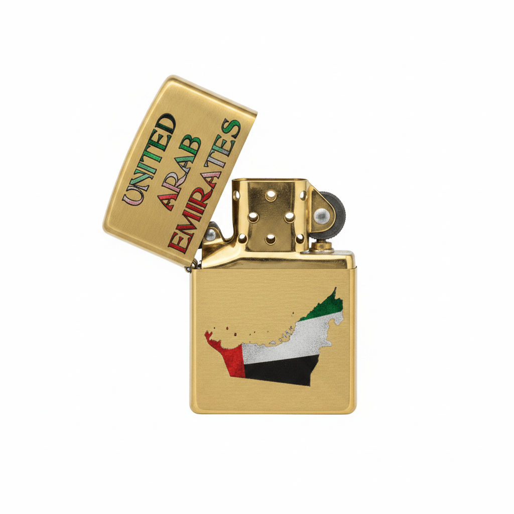 Zippo Gold Flip Top Refillable Metal Lighter UAE Map Artwork Windproof Premium Finish 6×4 cm - Al Kabayel Discount CentreZippo Gold Flip Top Refillable Metal Lighter UAE Map Artwork Windproof Premium Finish 6×4 cmLightersZIPPOAl Kabayel Discount Centre