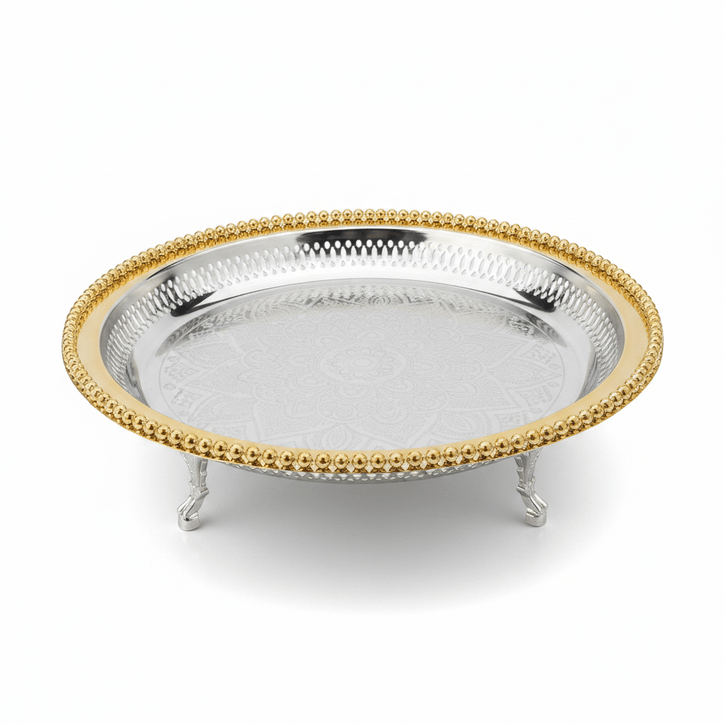 Zolten Gold & Silver Stainless Steel Round Footed Serving Tray - 35cm - Al Kabayel Discount CentreZolten Gold & Silver Stainless Steel Round Footed Serving Tray - 35cmServing TraysZOLTENAl Kabayel Discount Centre