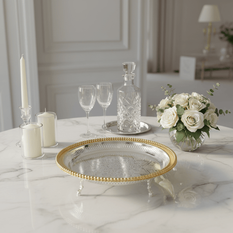 Zolten Gold & Silver Stainless Steel Round Footed Serving Tray - 35cm - Al Kabayel Discount CentreZolten Gold & Silver Stainless Steel Round Footed Serving Tray - 35cmServing TraysZOLTENAl Kabayel Discount Centre