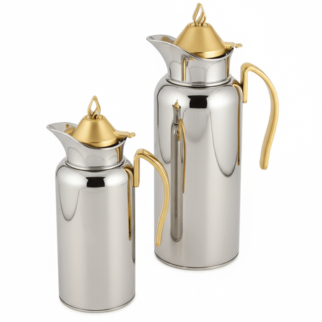 Zolten Linea Elegant Silver Vacuum Flask Set with Luxury Gold Handle, Double Wall Thermal Insulation for Tea & Coffee – 1L + 700ml - Al Kabayel Discount CentreZolten Linea Elegant Silver Vacuum Flask Set with Luxury Gold Handle, Double Wall Thermal Insulation for Tea & Coffee – 1L + 700mlThermosZOLTENAl Kabayel Discount Centre