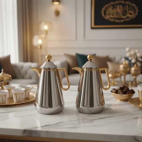 Zolten Velora Premium Silver & Gold Double Wall Insulated Vacuum Flask Set for Hot & Cold Beverages – 1L + 1L - Al Kabayel Discount CentreZolten Velora Premium Silver & Gold Double Wall Insulated Vacuum Flask Set for Hot & Cold Beverages – 1L + 1LThermosZOLTENAl Kabayel Discount Centre